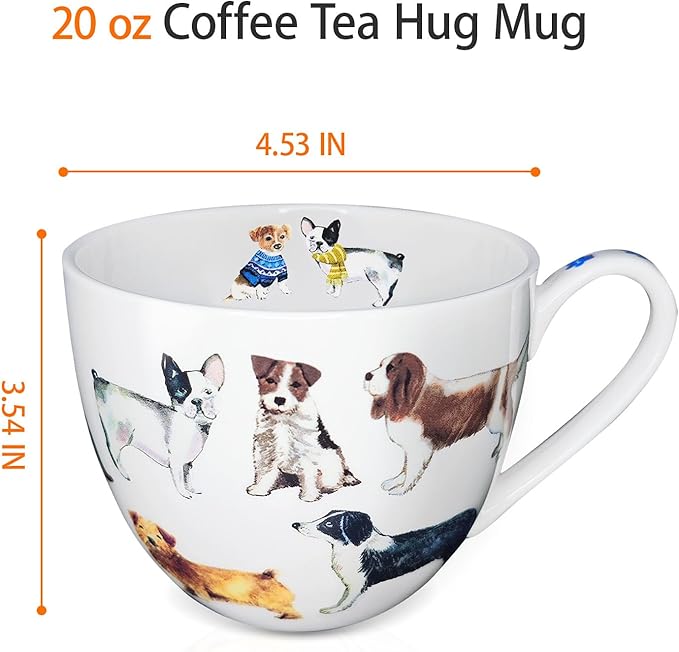Cute Dog Mugs for Daily Coffee and Tea, Premium 20 oz Bone China Coffee Tea Hug Mug, Perfect Holiday, Birthday, and Christmas Gift for Dog Lovers, Designed in England by Harvest Green Studio