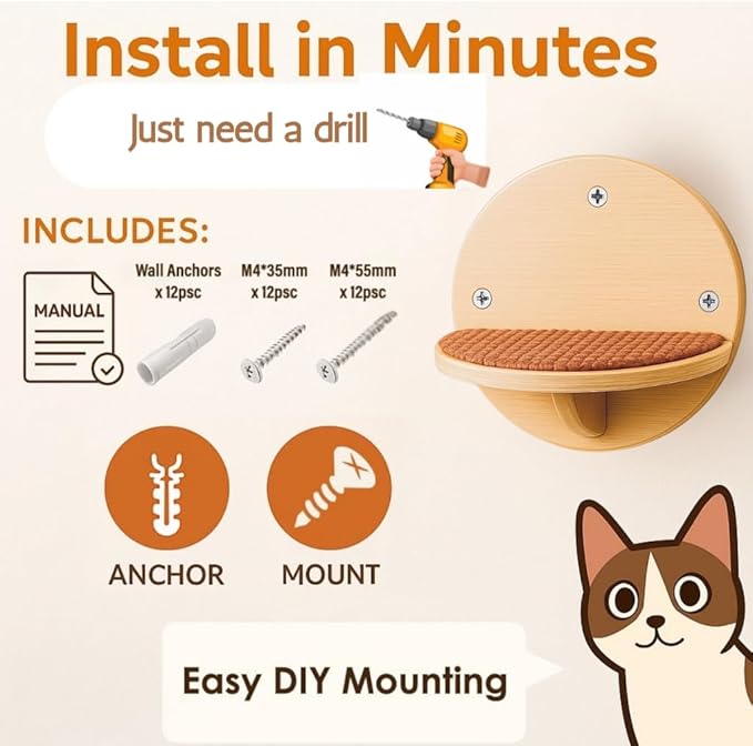 Cat Wall Shelves - Set of 4 Round Floating Wall Steps Scratch Pads, up to 20Lbs. Saving-Space Decorative Wall-Mounted Cat Furniture for Climbing, Playing & Resting - Solid Natural Wood by INSTINTO