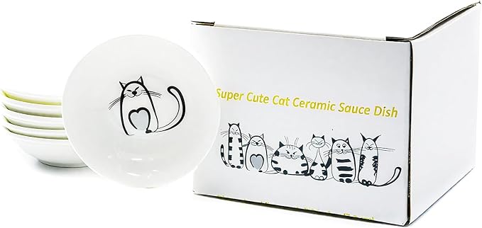 BigNoseDeer Super Cute Cat Ceramic Sauce Dish,Mini Side Seasoning Dish,Condiment Dishes,Sushi Soy Dipping Bowl,Snack Serving Dishes,Meow Porcelain Small Saucer Set(Set of 6)