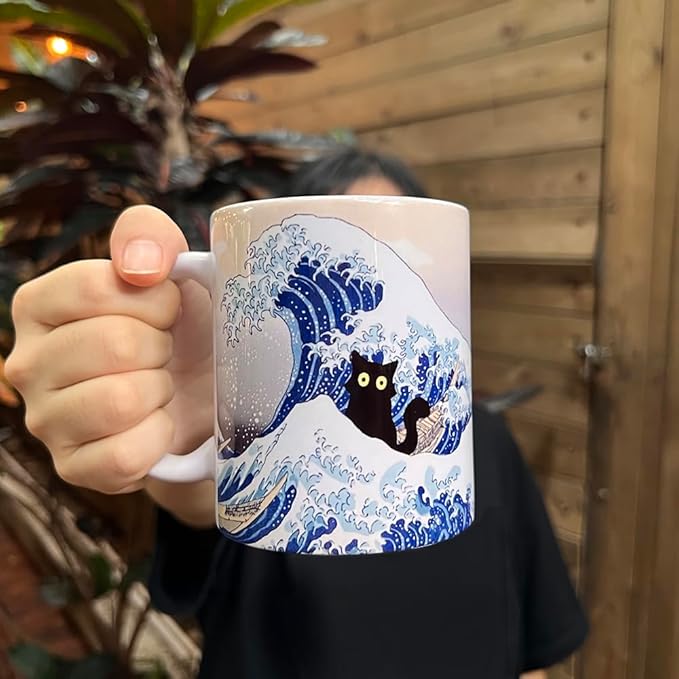 Famous Art Paintings Funny Cat Coffee Mug for Artist Teacher Cat Lovers, Famous Picture Classic Vincent Art Aesthetic Canvas Mug Birthday Gift for Women Man (The Great Wave)