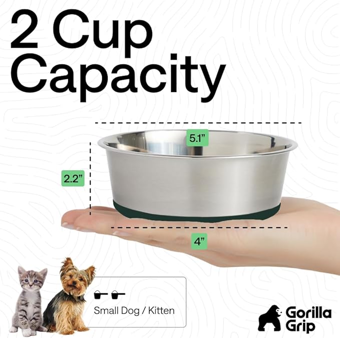 GORILLA GRIP Dog Bowls, Food Grade 304 Stainless Steel, Holds 2 Cups Each (16 fl oz) Food and Water Bowl for Feeding Dogs and Cats, Dishwasher Safe, Rust Resistant, BPA Free Rubber Base Set of 2 Green