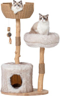 PEGIC Cat Tree Tower for Cats with Two Real Branches, 44 Inch Wood Modern Cat Tower with Luxury Cat Condo, Cat Scratching Post, Jumping Platforms, Cat Furniture (Long Plush)