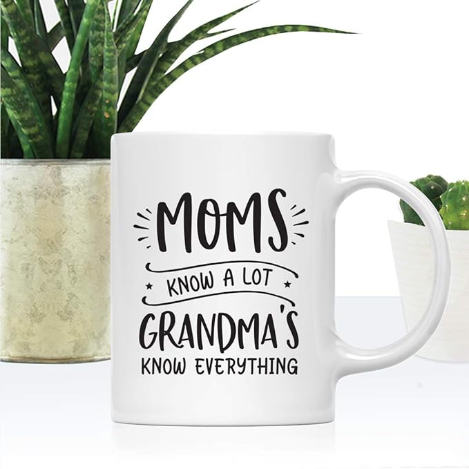 Andaz Press Mother's Day 11oz. Ceramic Coffee Tea Mug Gift for Mom, Moms Know a Lot, Grandma's Know Everything, 1-Pack, Birthday Christmas Gift Ideas