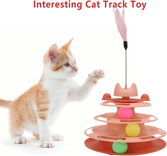 Cat Ball Track Toys, Creative Feather Toy, consisting of 3 Balls and a Feather Stick, Tower-Shaped cat Intelligence Toy, Suitable for Chasing Games with Kittens. (Pink)