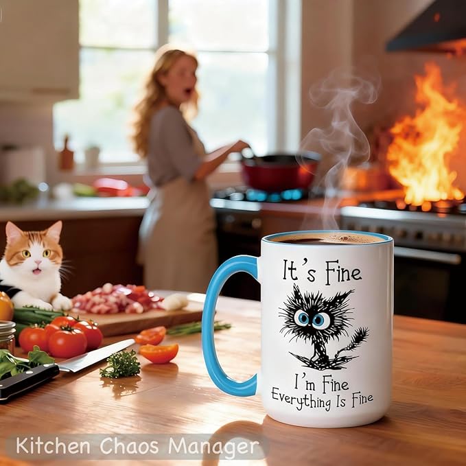 Funny Black Cat Coffee Mug – 15oz Sarcastic I am Fine Everything's Fine Cup – Big Ceramic Mug with Blue Handle – Microwave & Dishwasher Safe – Funny Gag Gift for Cat Lovers, Women, Coworkers