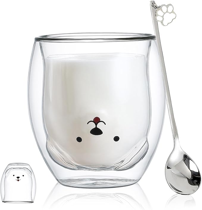 Binoster Dog Mug Cute Mugs Glass Double Wall Insulated Glass Espresso Cup, Coffee Cup, Tea Cup, Milk Cup,Kawaii Gift for Office and Personal Birthday Christmas (Happy Dog)