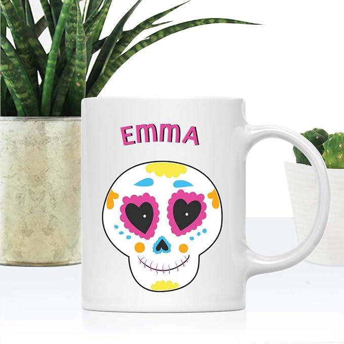 Andaz Press Personalized 11oz. Kids Hot Chocolate Mug, Mexican Day of the Dead Dia de Los Muertos Pink Skull, 1-Pack, Custom Child’s Birthday Christmas Coffee Cup