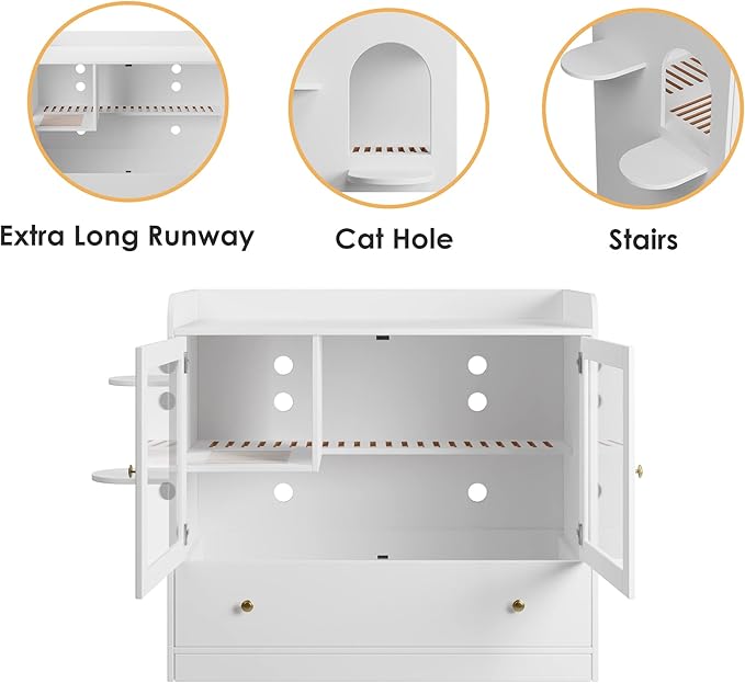 Extra Large Cat Litter Box Enclosure Furniture Hidden, Cat Condo Cabinet Pet House with Stairs for 2, Nightstand Side Table with a Drawer for Living Room, White