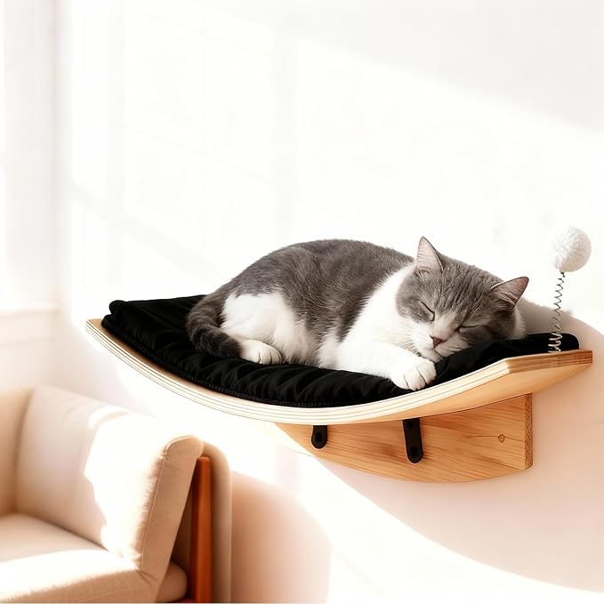 Cat Shelves for Wall，5 in 1 Cat Furniture Set with Soft Curved Pad，Modern Space-Saving Wall Mounted Shelves for Play & Rest