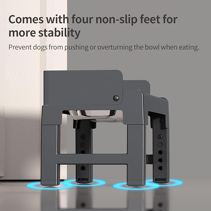 PAKEWAY Elevated Dog Bowls, Spill Proof, Tiltable Dog Feeder with 2 Stainless Steel Bowls, 6 Height Adjustable Raised Bowl