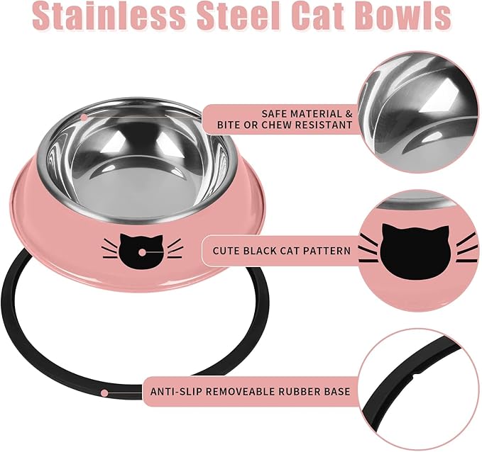 2 Pcs Non-Slip Stainless Steel Small Cat Food Bowls - Unbreakable, Thicken 7 Oz Cat Dishes - Indoor, Removable Rubber Base, Easily Clean, Lovely Color