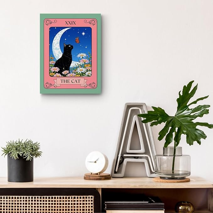 The Cat Tarot Card Wall Art, Gifts for Cat Lovers, Botanical Flower Framed Canvas Prints Aesthetic Decor, Vintage Moon Posters Artwork for Walls Living Room Entryway Bedroom Decor 15x11.4 inch