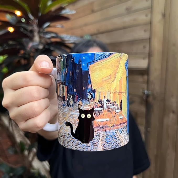 Famous Art Paintings Funny Cat Coffee Mug for Artist Art Lover Teacher Cat Lovers, Famous Picture Classic Vincent Aesthetic Canvas Mug Birthday Gift for Women Man (Terrace at Night)