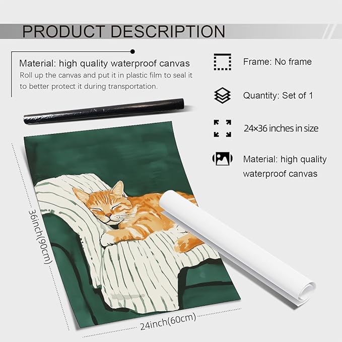 Sleeping Orange Cat poster Green Aesthetic Wall Art Preppy Funky Cute Animal Canvas Painting Gift For Cat Lover for Cozy Room Wall Decor 24x36 inch Unframed