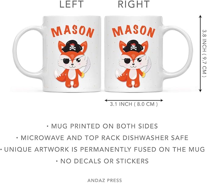 Andaz Press Personalized 11oz. Kids Milk Hot Chocolate Mug, Fox with Pirate Black Hat, 1-Pack, Custom Child’s Birthday Christmas Coffee Cup