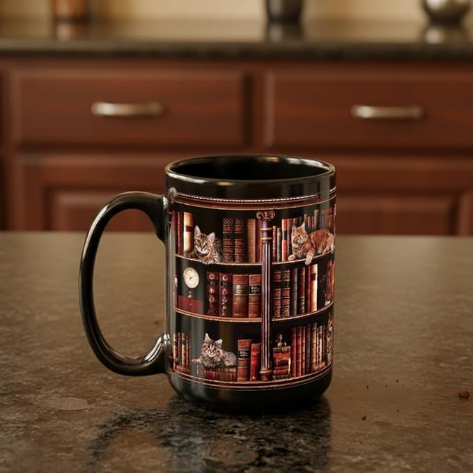 Cat Book Mug Gifts for Book Lovers, Book Lover Bookish Gifts for Readers Bookworm Women 15oz, Library Bookshelf Mug, Bookish Gifts for Librarian, Birthday Gift Idea for Cat Lovers