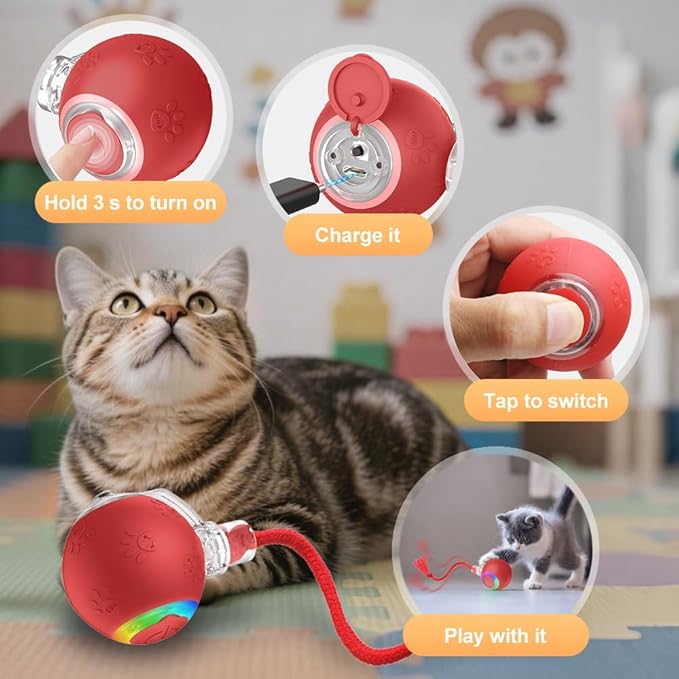Interactive Cat Toy,Cat Toys for Indoor Cats,Automatic Ball Toy,Upgraded Speedy Tail Moving Cat Chase Ball Toy,Kitten Toy for Bored Indoor Adult Pets (Red)