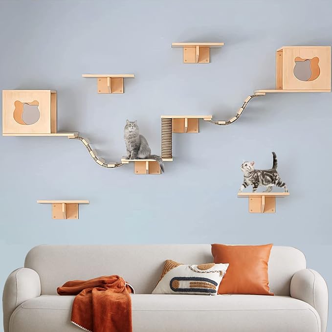 Cat Wall Shelves/Furniture, Shelves, Perches and Steps Set with 2 Cat Condos House, 6 Shelves, 2 Ladder, 1 Sisal Cat Scratching Post