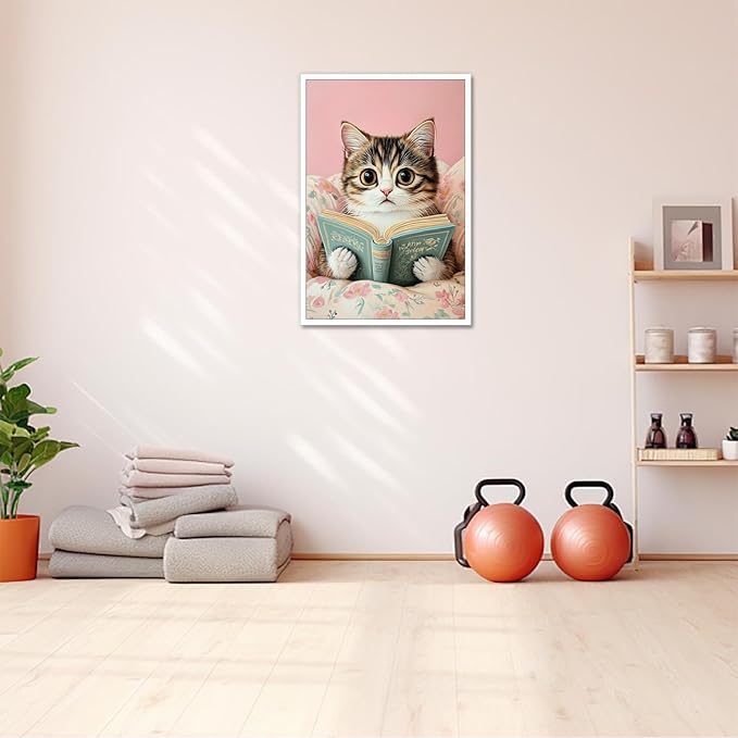 Funky Cute Cats Reading Books Canvas Wall Art Funny Pet Cat Animal Poster Trendy Pink Flower Wall Decor Cat Lovers Prints Painting For Home Bedroom Kids Room Dorm Wall Decor 24x36in Unframed
