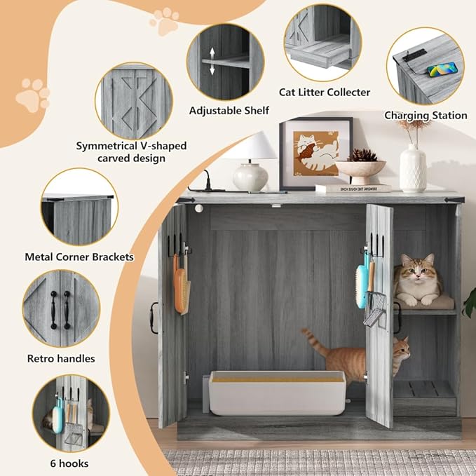 Modern Cat Litter Box Cabinet Furniture with Power Outlet for Automatic Cleaner, Hidden Enclosure Featuring Litter Catcher Trap Door, Adjustable Storage Shelves, Gray
