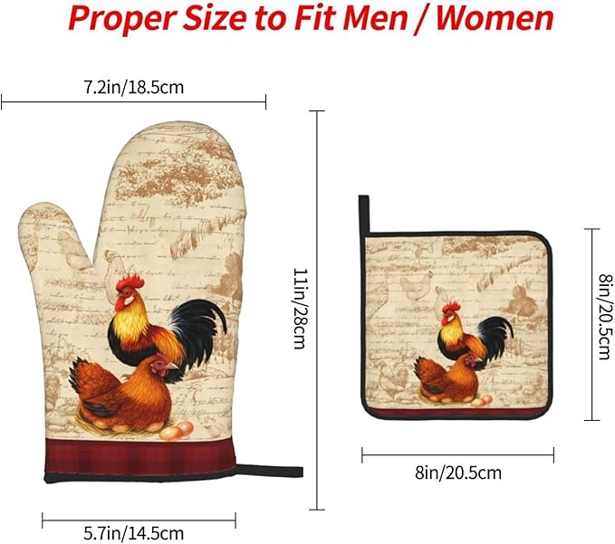 Retro Rustic Pot Holders and Oven Mitts Set of 3, Rooster Chicken Oven Gloves Hot Pads for Baking Cooking Grilling BBQ, Rooster Chicken Decor for Kitchen, Rustic Baking Gifts for Women Chef Baker