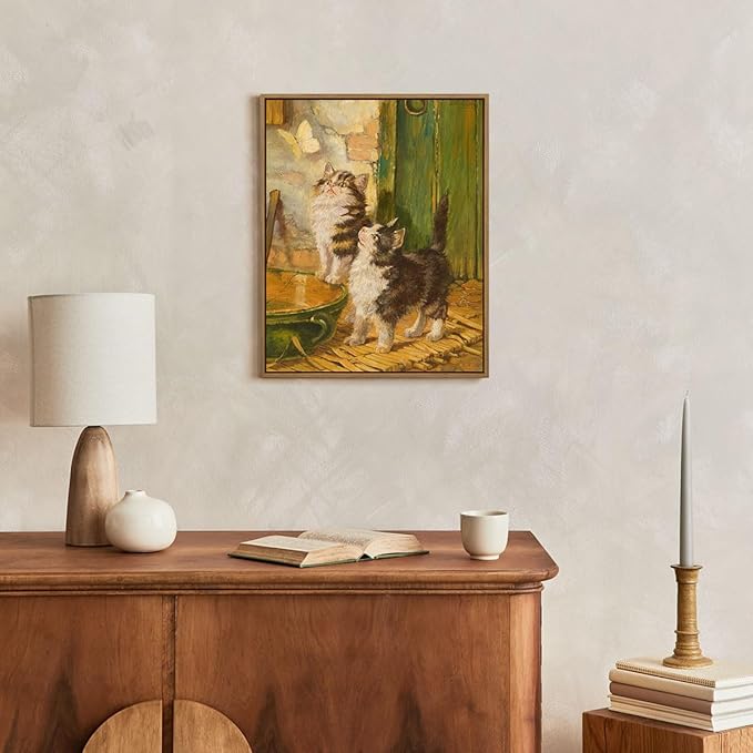 Funny Animals Wall Art Two Cute Baby Cats Watching Butterfly Pictures Wall Decor Aesthetic Poster Gifts for Cat Lover Modern Framed Artwork for Kids Room Bedroom Nursery Home Decoration - 8x10 Inch