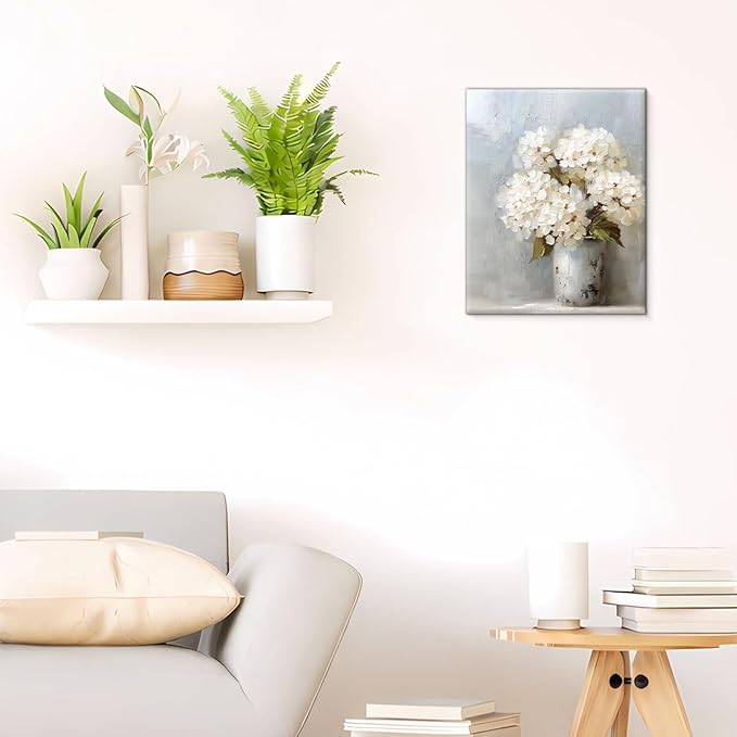 Vintage White Hydrangea Canvas Wall Art Rustic Neutral Floral Print Painting Cottagecore Wall Decor for Home Farmhouse Living Room 8x10 Inches Framed