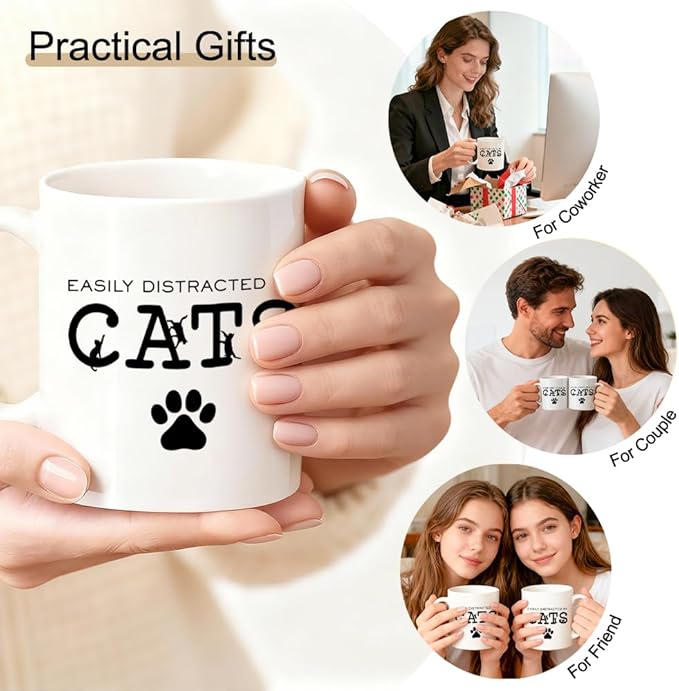 Easily Distracted By Cats Ceramic Coffee Mug, Black Cat Theme Mug For Coffee Lover, Funny Ceramic Drinking Cup For Kitten Lovers, Thank You Gifts For Friend Coworkers Family Pet Owners