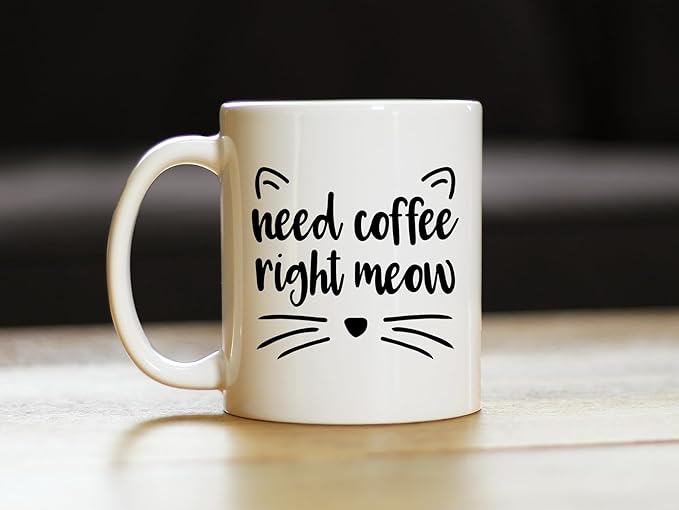 Bevvee Need Coffee Right Meow - Funny Cat Themed Coffee Mug Gifts & Decor - 11oz White Ceramic Mug