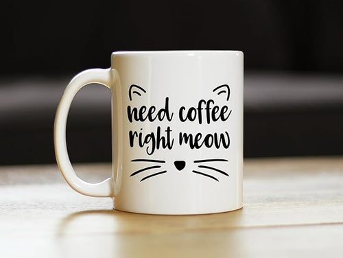Bevvee Need Coffee Right Meow - Funny Cat Themed Coffee Mug Gifts & Decor - 11oz White Ceramic Mug
