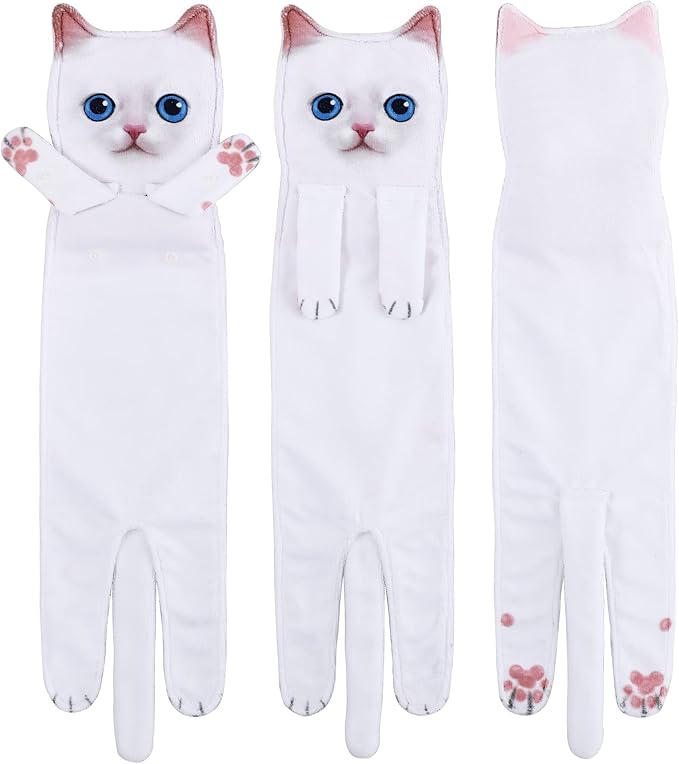Funny Hand Towels for Bathroom Kitchen Decor - Cute Cat Hanging Hand Towel Kitchen Gadgets - Unique Housewarming Birthday Christmas Cat Lover Gift Ideas for Women Mom Lady Adults