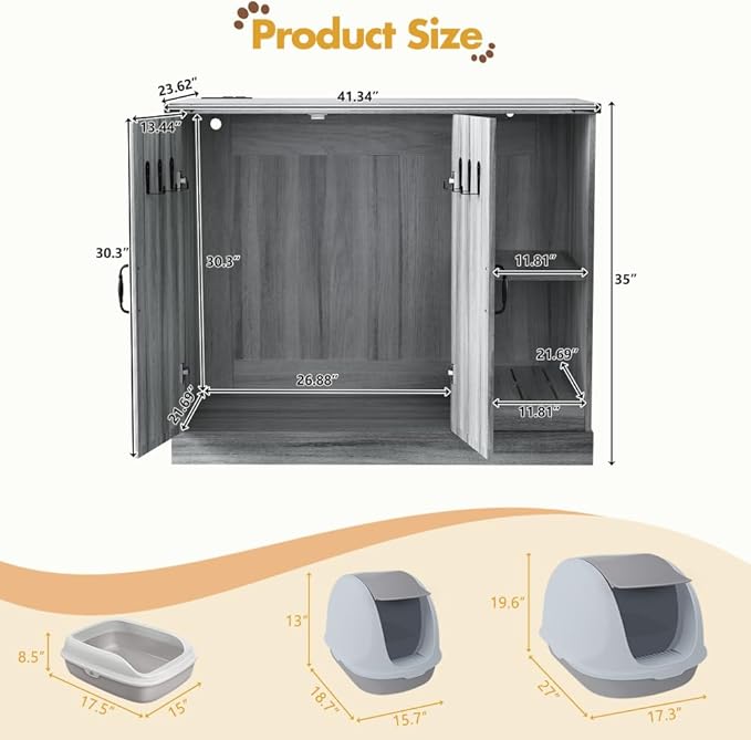 Modern Cat Litter Box Cabinet Furniture with Power Outlet for Automatic Cleaner, Hidden Enclosure Featuring Litter Catcher Trap Door, Adjustable Storage Shelves, Gray