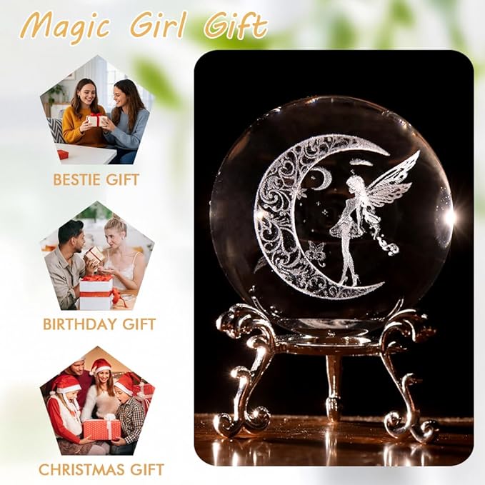 Fairy Gift for Women 3D Crystal Ball Fairy 60mm Gifts for Her Girls Women with Stand