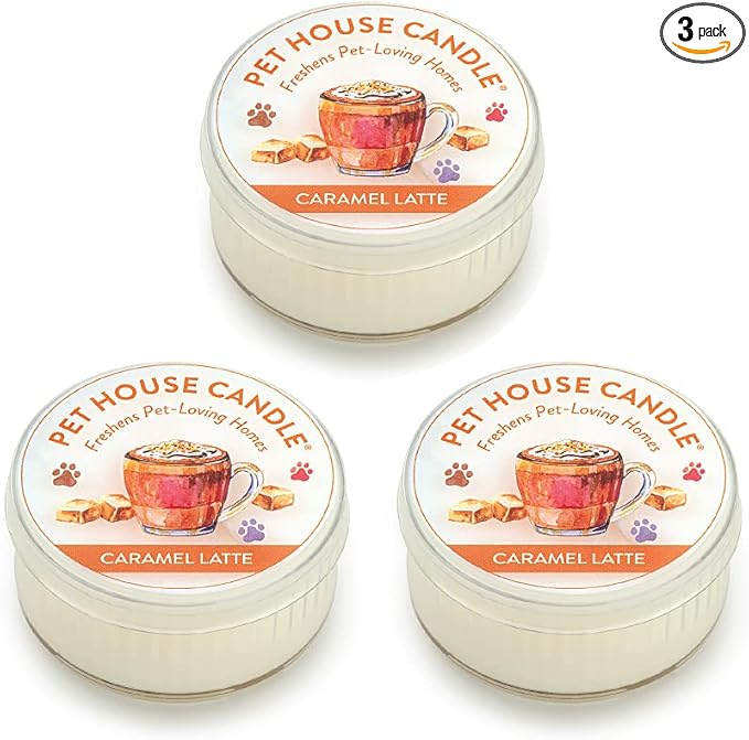 Pet House Mini Candles for Pet Odor Made with Natural Soy Wax, Plant Based, Dog and Cat Friendly Scented, Caramel Latte Pack of 3