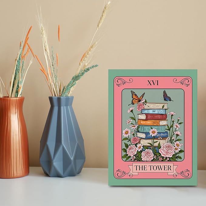 Stack of Books Wall Art, Book Lovers Gifts, Vintage Prints Flower Canvas Framed Painting for Room Decor, Butterflies Prints for Living Room Entryway Bedroom Book Shelf Office 15x11.4 inch