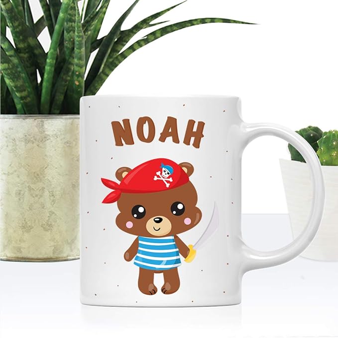 Andaz Press Personalized 11oz. Kids Milk Hot Chocolate Mug, Bear Pirate Red Scarf, 1-Pack, Custom Child’s Birthday Christmas Coffee Cup