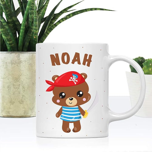 Andaz Press Personalized 11oz. Kids Milk Hot Chocolate Mug, Bear Pirate Red Scarf, 1-Pack, Custom Child’s Birthday Christmas Coffee Cup