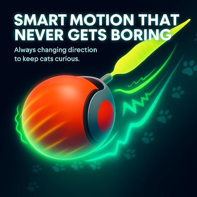 Speedy Tail 2.0 Cat Toy, 2PCS Automatic Interactive Cat Toy with Tail, Electric Rolling Ball for Indoor Cats on Carpet, USB Rechargeable with Dual-Speed Adjustment, Feather Attachment, Orange & Blue
