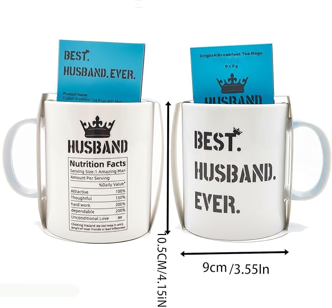 Best Husband Ever Mug Gift Set Ceramic “Best. Husband. Ever.” Mug with English Breakfast Tea, Gift Boxed — Father’s Day, Anniversary or Birthday Gift for Him