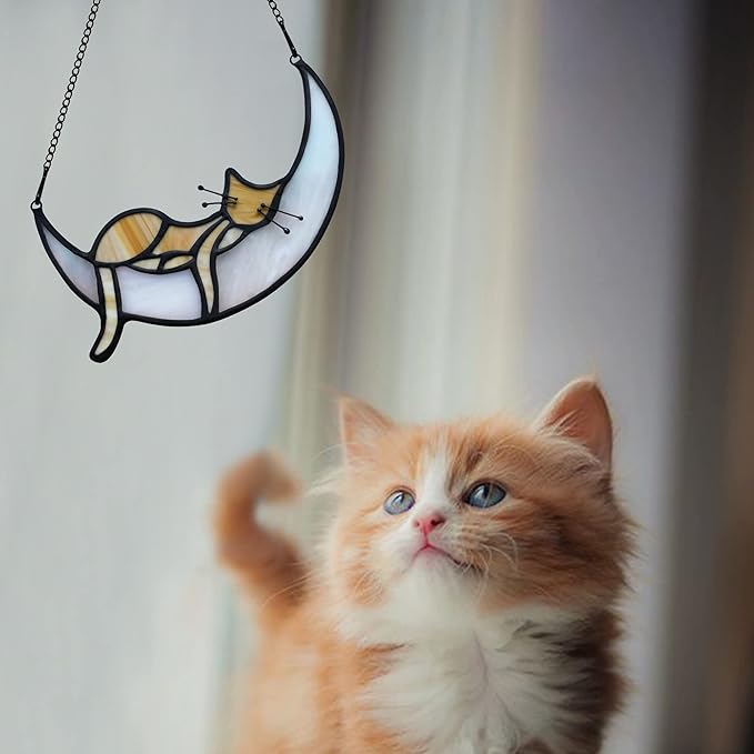 BOXCASA Stained Glass on Moon Cat Windown Hanging,Handcrafted Suncatcher Orange Cat Mom Gifts for Women,Daughter,Mothers Day,Christmas