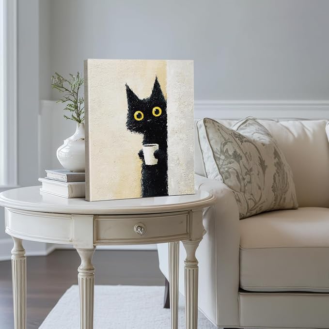 Funny Black Cat Wall Art Decor Vintage Cute Pet Peeking Print Picture Cat Lover Gifts Wall Decor for Home Living Room 8x10 Inch Canvas Framed