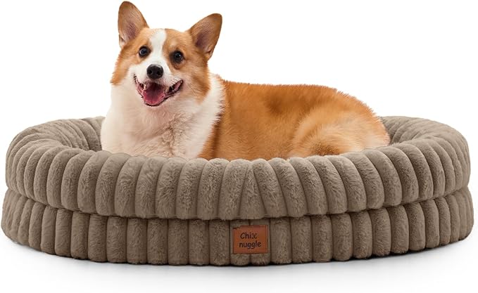 ChiXnuggle Dog Bed Large Sized Dog - Luxury Striped Faux Fur Waterproof Dog Couch with Removable Washable Cover, Orthopedic Dog Bed with Bolster Sides for Sleeping, Taupe