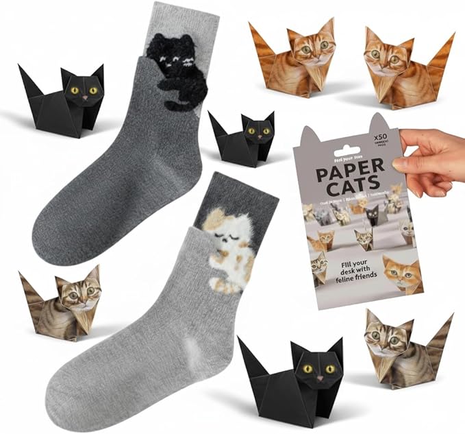 Cat Origami Kit with Socks - 50 Sheets 3D Paper Cat Craft Set, 2 Pairs Novelty Socks, Gift for Cat Lovers