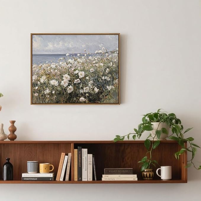 Framed Landscape Wall Art Blue Ocean Theme White Flower Pictures Wall Decor Abstract Floral Painting Prints Modern Seascape Artwork for Living Room Bedroom Bathroom Home Office Decoration, 8x10 Inch