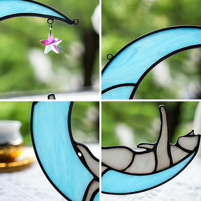 BOXCASA Handmade Gray Cat on Moon Stained Glass Suncatcher - Colorful Crystal Star & Window Hanging Decor for Cat Lovers, (Women, Mom, Grandma)