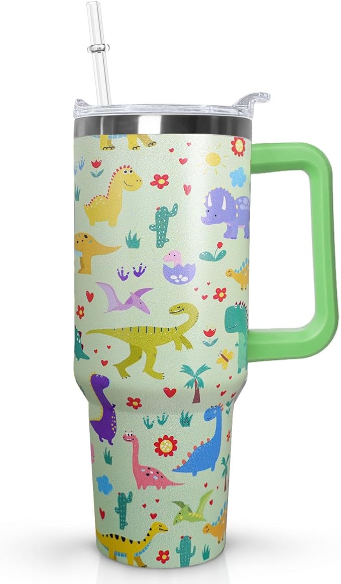 Stainless Steel Dinosaur Tumbler - 40 oz, Coffee Travel Mug with Lid and Straw, Perfect Dinosaur Gifts for Women
