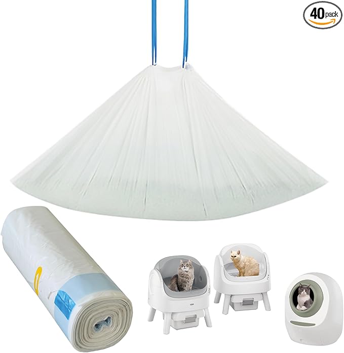 Cat Litter Box Liners for Automatic Self-Cleaning Litter Boxes, Heavy-Duty Tear-Resistant Leak-Proof Bags with Drawstring Closure, 25.6in×11.8in, FOXORU (40)