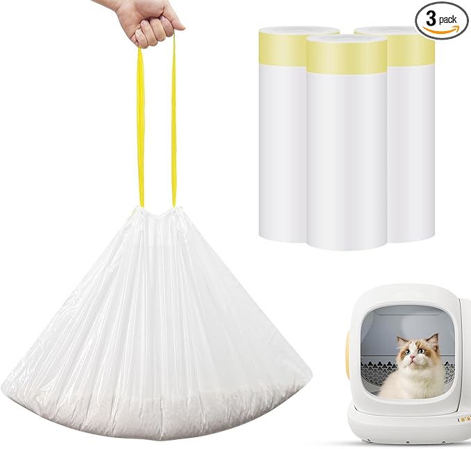 60 Count Cat Litter Box Liners for Self-Cleaning Cat Litter Box, Compatible with MeoWant MW-SC01/MW-SC02/MW-LR01 PETKIT PuraX PuraMax, Drawstring Replaced Bags Waste Bags (3Pack /60 Counts）