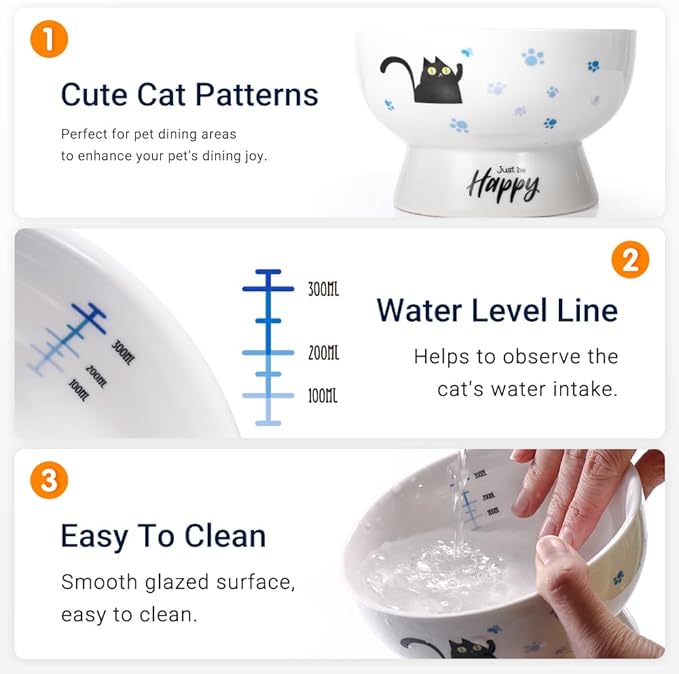 Porcelain Raised cat Bowl, 15-Ounce Raised Porcelain pet Bowl - Protects Your pet's Spine, Large-Capacity Non-Overflowing pet Bowl with Anti-Slip Strap, Dishwasher Safe (Blue)
