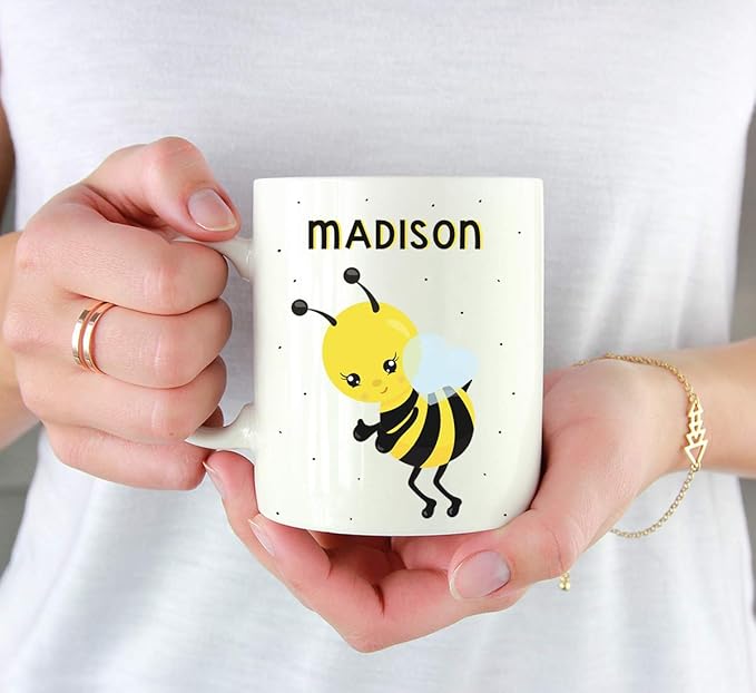 Andaz Press Personalized 11oz. Kids Milk Hot Chocolate Mug, Busy Bee Posture 2, 1-Pack, Custom Child’s Birthday Christmas Coffee Cup